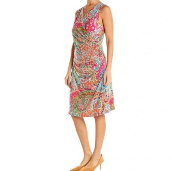 Lauren Ralph Lauren Paisley Ruched Surplice Dress Sleeveless Multicolor M Petite - Picture 2 of 13